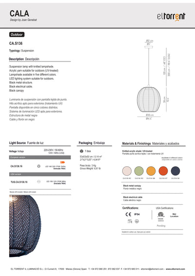 CALA Outdoor LED-Pendelleuchte 36 cm, LED IP54 - CA.S136 - Designed by Joan Genebat - el torrent