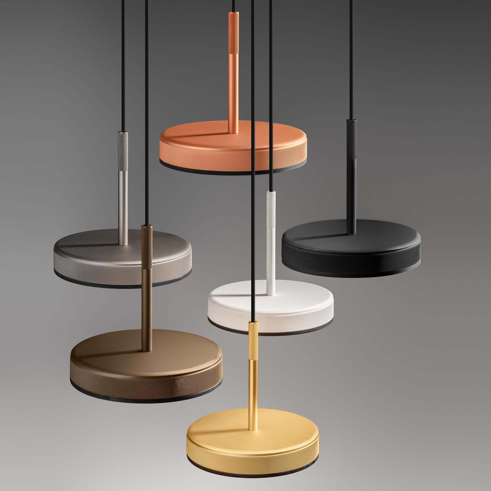 OVERFLY, LED-Pendelleuchten in 6 Metallfarben von OLEV - designed by Marc Sadler