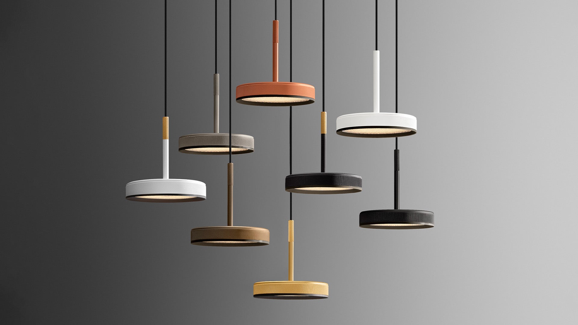 OVERFLY, LED-Pendelleuchten in 6 Metallfarben von OLEV - designed by Marc Sadler