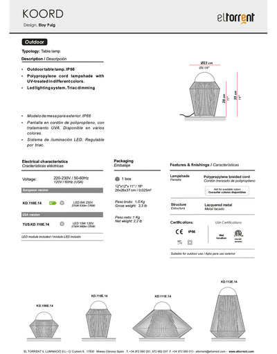 KOORD LED-Tischleuchte Outdoor - KD.T110E.16 - Designer Eloy Puig - el torrent
